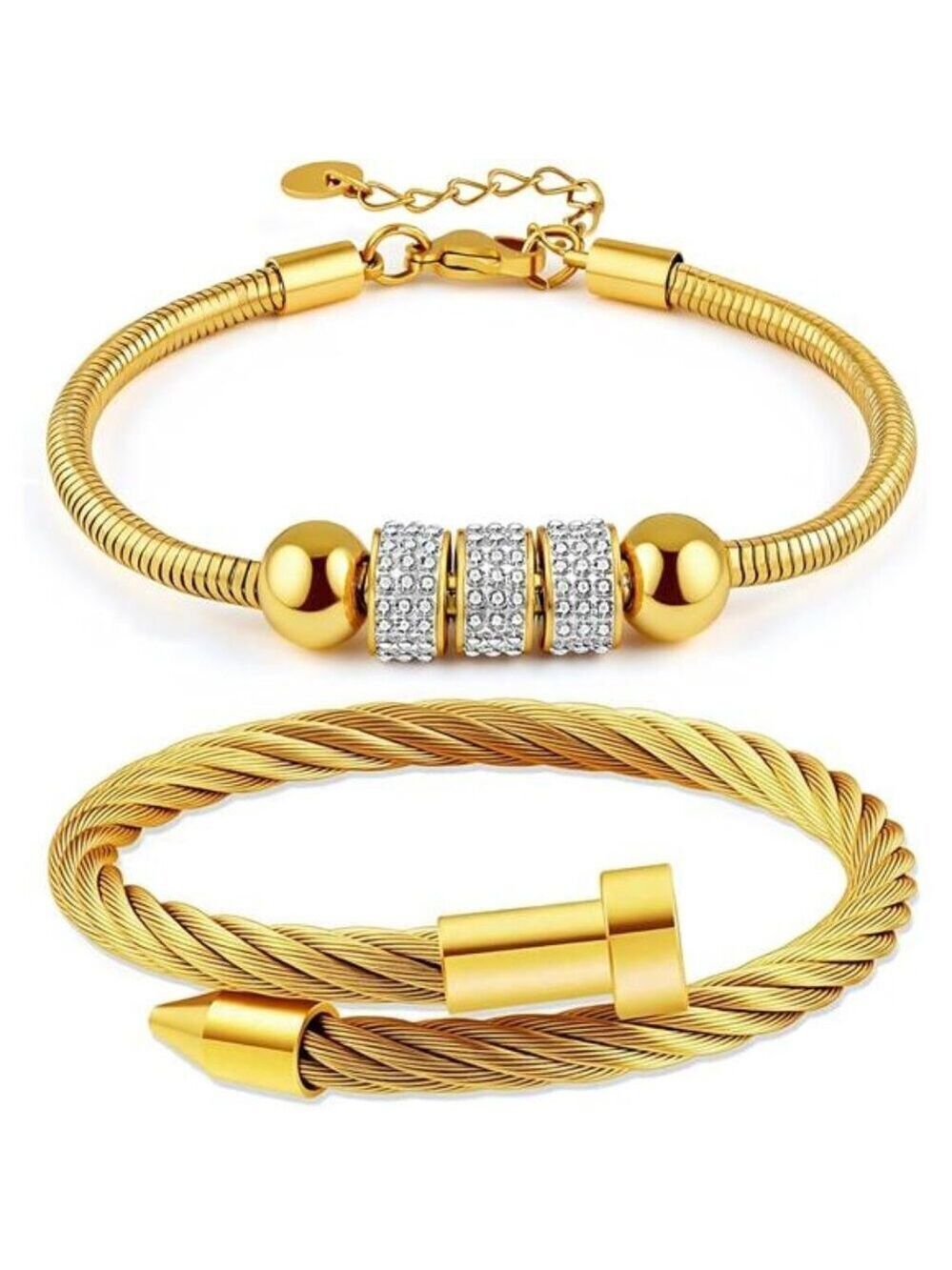 18K Gold Plated Nail Bracelet Set, Adjustable Stackable Bangles for Women 2 Pcs.